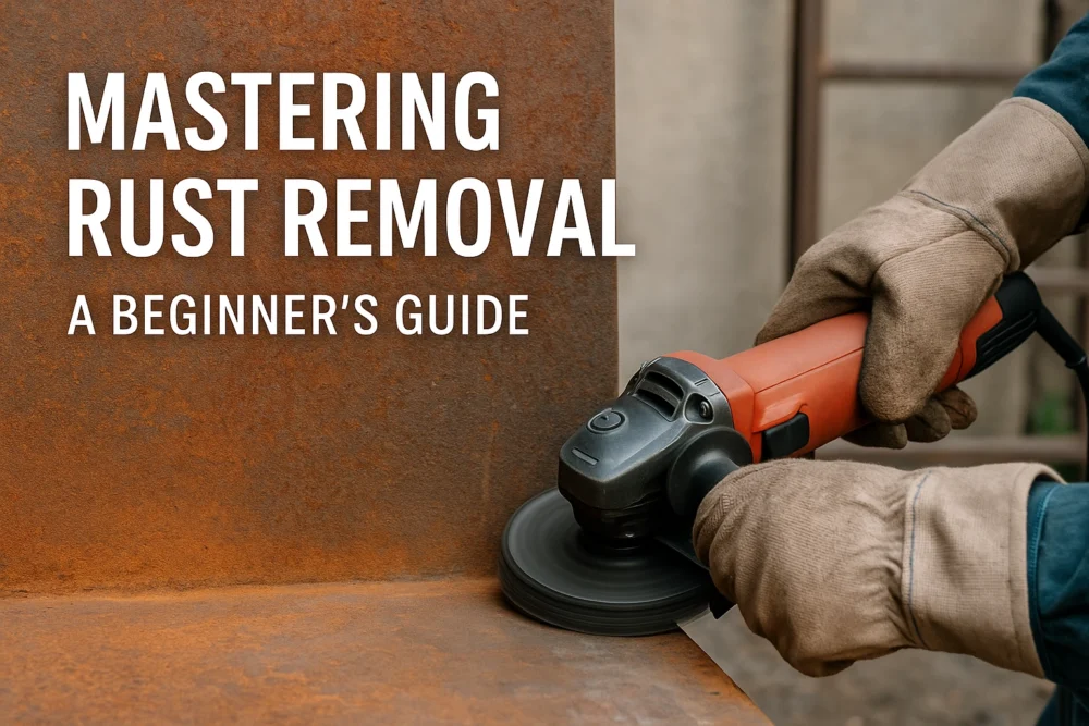 ```json { "alt": "Person using a power tool to remove rust, with text 'Mastering Rust Removal: A Beginner's Guide.'", "title": "Rust removal with power tool guide" } ```