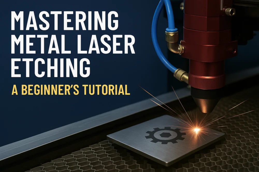 ```json { "alt": "A laser etching machine working on a metal piece with the text 'Mastering Metal Laser Etching: A Beginner's Tutorial' displayed.", "title": "Mastering Metal Laser Etching: A Beginner's Tutorial" } ```